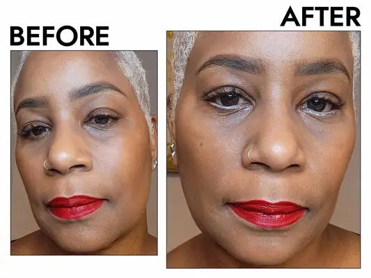 A person before and after using the Victoria Beckham Instant Brightening Waterline Pencil