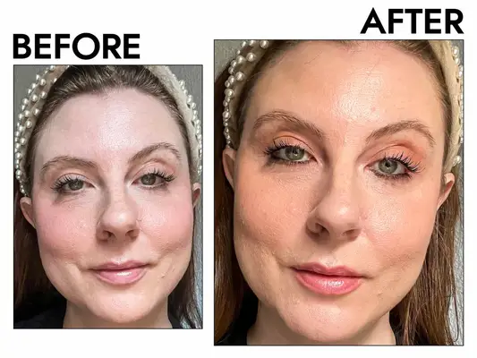 A person before and after applying the Hourglass Voyeur Waterproof Gel Eyeliner