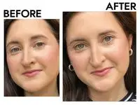 A person before and after applying the Saie Mascara 101 in Rich Warm Brown