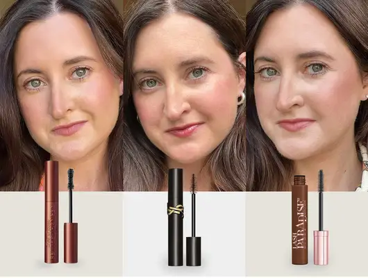A tester wearing brown mascaras and product tubes, featuring the L’Oreal Voluminous Lash Paradise Volume Mascara and Too Faced Better Than Sex Mascara