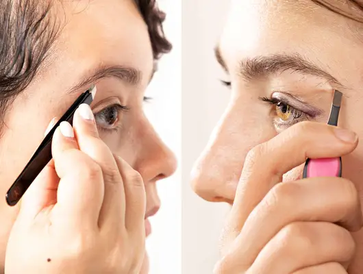 Hand plucking eyebrow hairs with the Anastasia Beverly Hills Precision Tweezers and side-view of a hand plucking eyebrow hair with the Coco