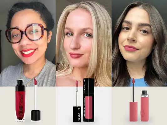 collage of three women with three of our favorite drugstore liquid lipsticks including L