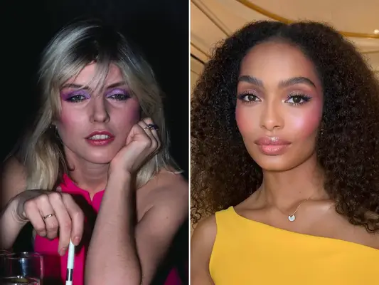 side by side of Debbie Harry and Yara Shahidi wearing bright pink blush