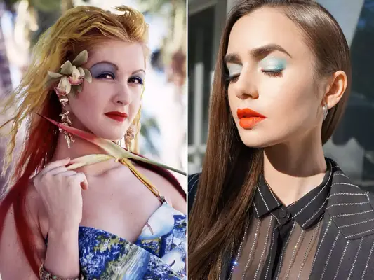  Cyndi Lauper and Lily Collins with Blue Eyeshadow and Red Lips