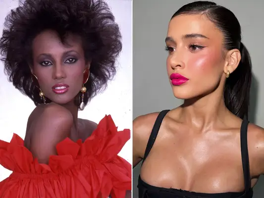 split of Iman and a model wearing bright pink lipstick