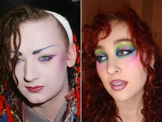 split of Biy George and Chappell Roan wearing colorful makeup