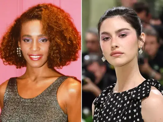 split of Whitney Houston and Gracie Abrams wearing purple eyeshadow