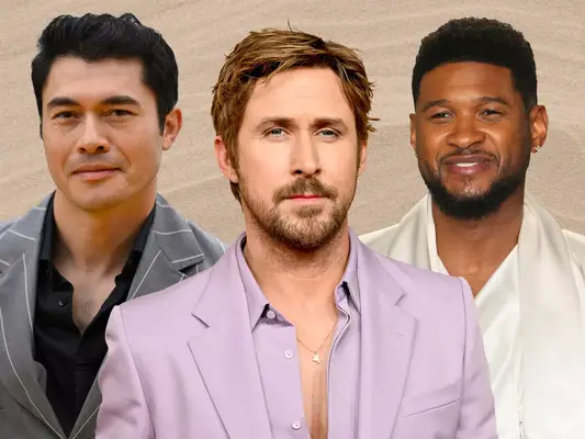 Ryan Gosling, Usher, and an unidentified man standing together, all dressed formally, facing the camera