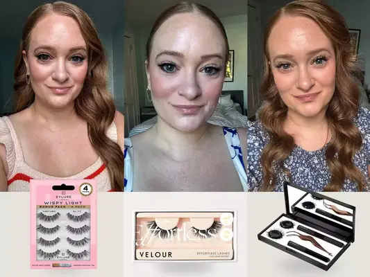 Collage of a woman wearing three different false eyelash sets, including Eylure, Velour, and Lashify