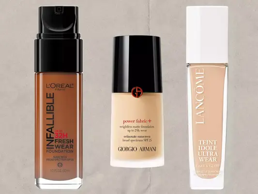 A collage of foundations with SPF including Lancôme Teint Idole Ultra Wear, L