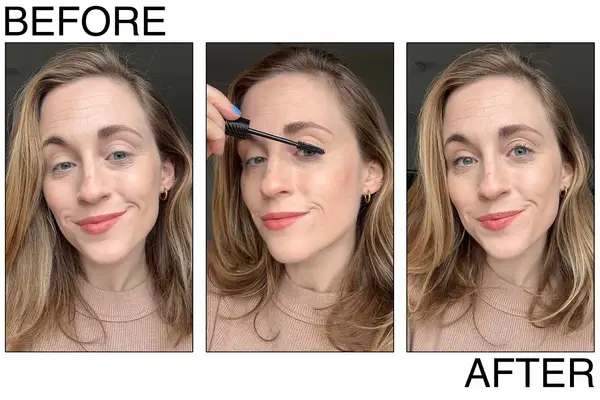 A person applying Benefit Cosmetics Fan Fest Fanning Mascara on the left and displaying the final look on the right