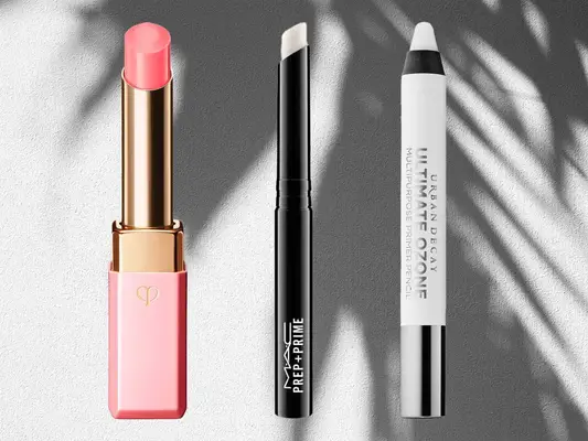 A collage of popular lip primers including ones from MAC Cosmetics, Urban Decay, and Clé de Peau, on a gray background