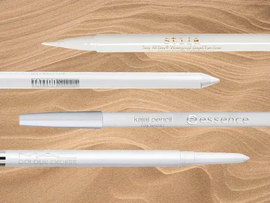 A collage of white eyeliners from Stila, Maybelline, Essence and MAC
