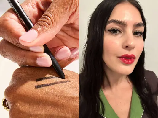 A person shown wearing waterproof eyeliner and a hand being drawn on with waterproof eyeliner