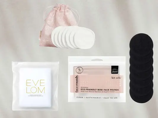 Collage of reusable makeup remover pads on a gray background, including the Biossance Cotton Pads and Eve Lom 3 Muslin Cloths