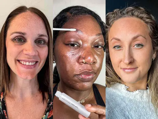 A collage of testers showing their results after using eyebrow growth serums and one tester showing the application process 