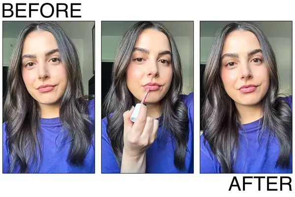 A person before during and after applying the Milk Makeup Odyssey Gloss to their lips