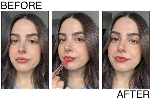 A person before, during, and after applying the Tarte Maracuja Plump Gloss to their lips