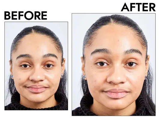 Photos of person’s face before and after using Patrick Ta Major Sculpt Creme Contour & Powder Bronzer Duo