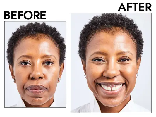 Photos of person’s face before and after using Danessa Myricks Beauty Groundwork Defining Neutrals Palette