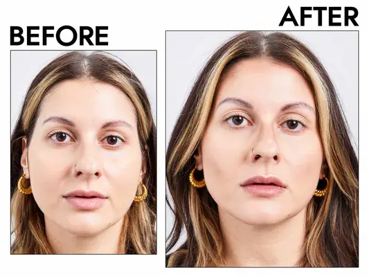 Photos of person’s face before and after using Smashbox The Cali Contour Face Palette