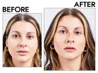 Photos of person’s face before and after using Smashbox The Cali Contour Face Palette