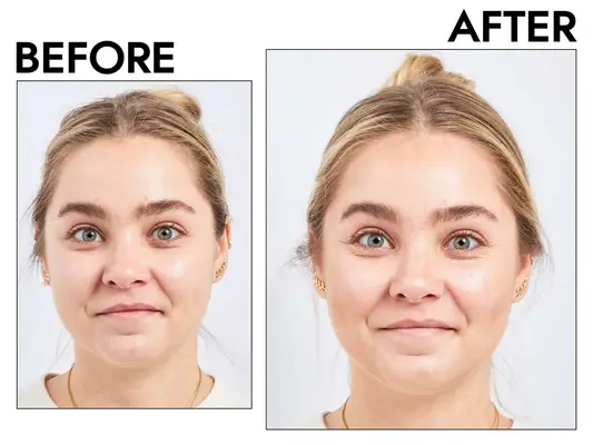 Photos of person’s face before and after using Charlotte Tilbury Filmstar Bronze & Glow Contour Duo