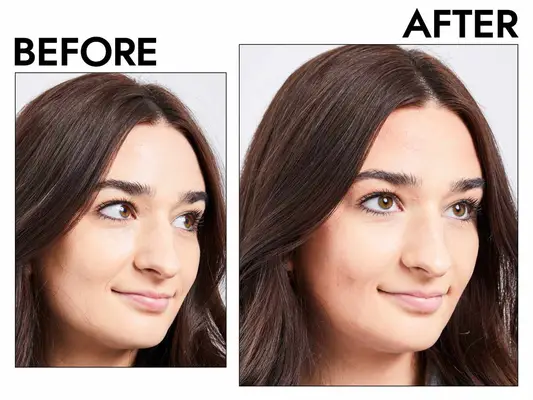 Photos of person’s face before and after using Hourglass Ambient Lighting Palette