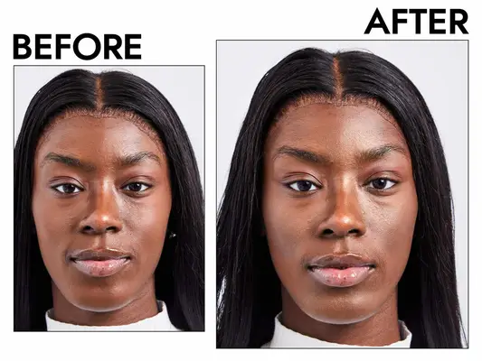 Photos of person’s face before and after using Fenty Beauty Match Stix Duo Contour Highlight Set