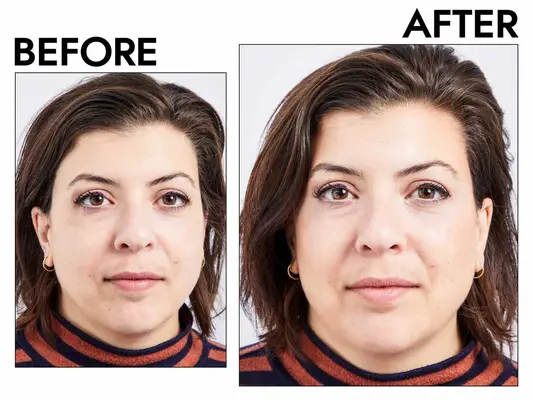 Photos of person’s face before and after using Make Up For Ever HD Skin Cream Contour and Highlight Sculpting Palette