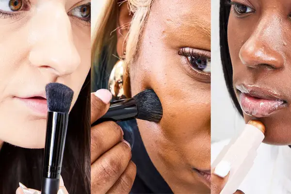 Three people with different skin types testing a variety of contour kits
