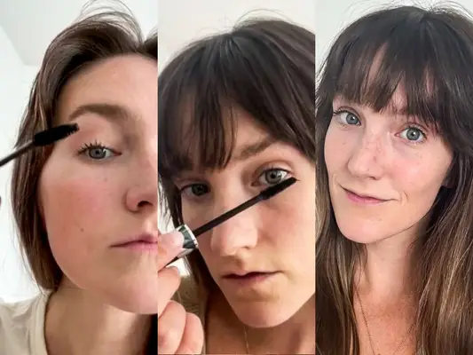 a collage of a tester trying fiber mascaras