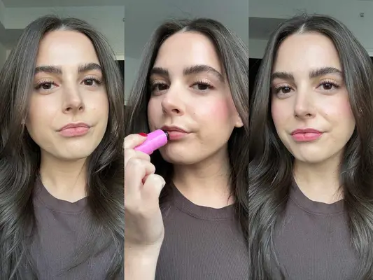 A person before, during, and after applying Milk Makeup Tints