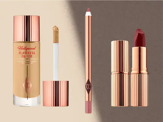 A collage of Charlotte Tilbury products including Airbrush Flawless Foundation, Matte Revolution Lipstick, and Lip Cheat Lip Liner