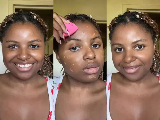 A tester before, in the process of, and after using a makeup sponge on her face