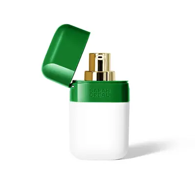 Eye cream bottle in the shape of a lighter with a green top and white base