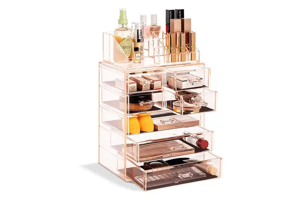 Sorbus Clear Cosmetic Makeup Organizer - Make Up & Jewelry Storage, Case & Display - Spacious Design - Great Holder for Dresser, Bathroom, Vanity & Countertop (3 Large, 4 Small Drawers) [Pink]