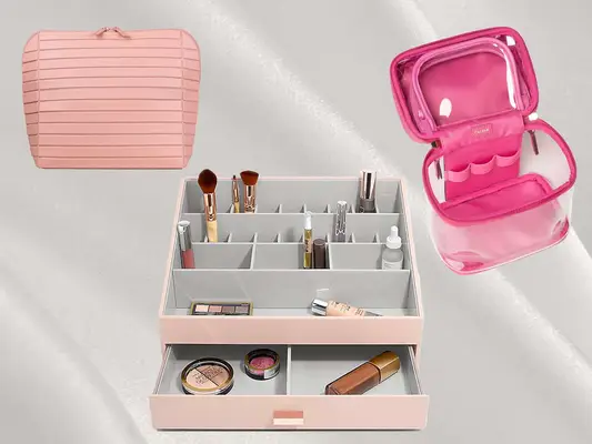 Collage of makeup organizers, including options from Parallelle, Stackers, and CalPak, on a light gray background