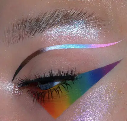 model is wearing a rainbow graphic eye that represents the progress pride flag