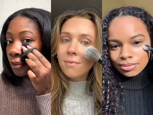 A person applying the Fenty Beauty Invisimatte Setting Powder to their face next to a person applying the Charlotte Tilbury Airbrush Powder to their face next to a person applying the Ami Cole Skin Melt Powder to their face