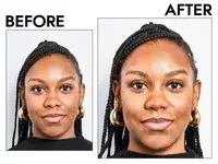 A before and after photo showing the effects of using Charlotte Tilbury Airbrush Matte Bronzer