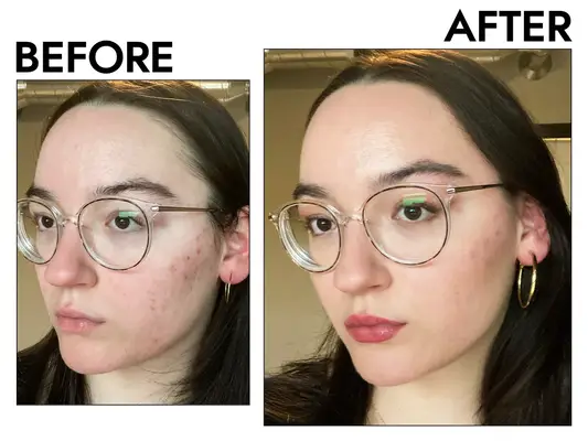 A before and after photo showing the effects of using Saie Sun Melt Natural Cream Bronzer