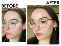 A before and after photo showing the effects of using Saie Sun Melt Natural Cream Bronzer