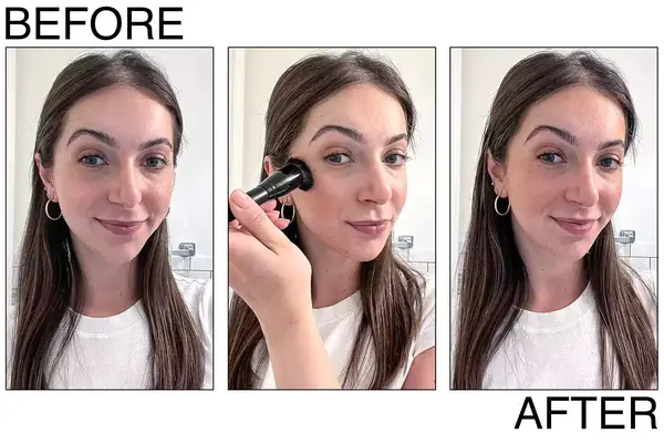 Before and after photos of a woman testing Makeup by Mario SoftSculpt Transforming Skin Enhancer