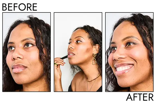 A before and after photo showing the effects of using Bobbi Brown Bronzing Powder