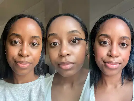 A collage of a MYM Beauty writer before, during and after using a tubing mascara
