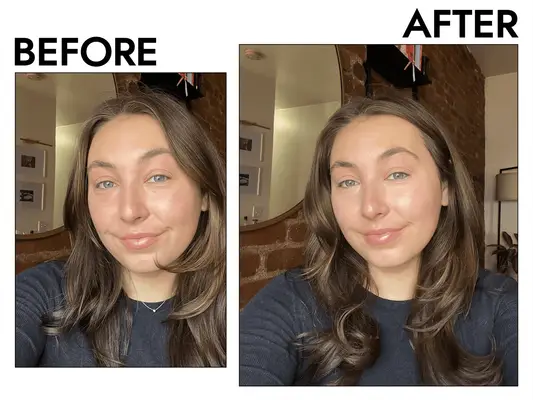 woman before and after trying Kosas Extra Bright