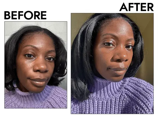 woman before and after trying Kosas Extra Bright
