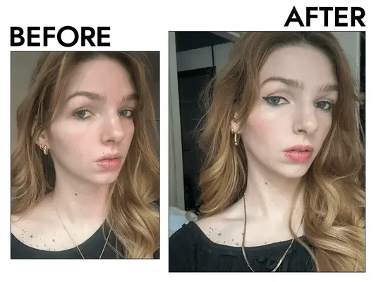 woman before and after trying Kosas Extra Bright