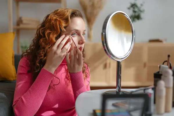red headed woman wih green eyes applying makeup while sitting in front of mirror
